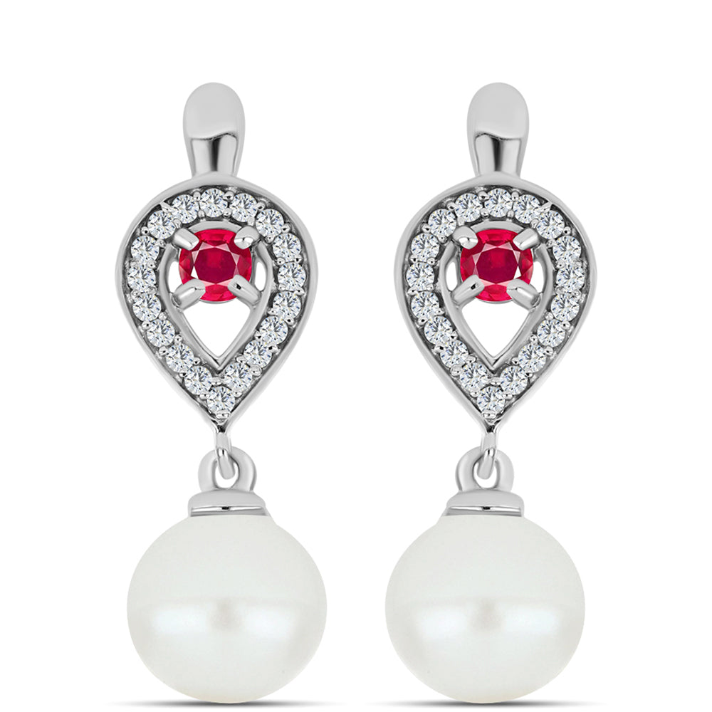 Stříbro 925/1000 Náušnice s Madagaskarským Rubínem a Bílou Sladkovodní Perlou - Karátové číslo: 7.36. přibližná hmotnost: 4.63 gramů