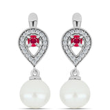 Stříbro 925/1000 Náušnice s Madagaskarským Rubínem a Bílou Sladkovodní Perlou - Karátové číslo: 7.36. přibližná hmotnost: 4.63 gramů