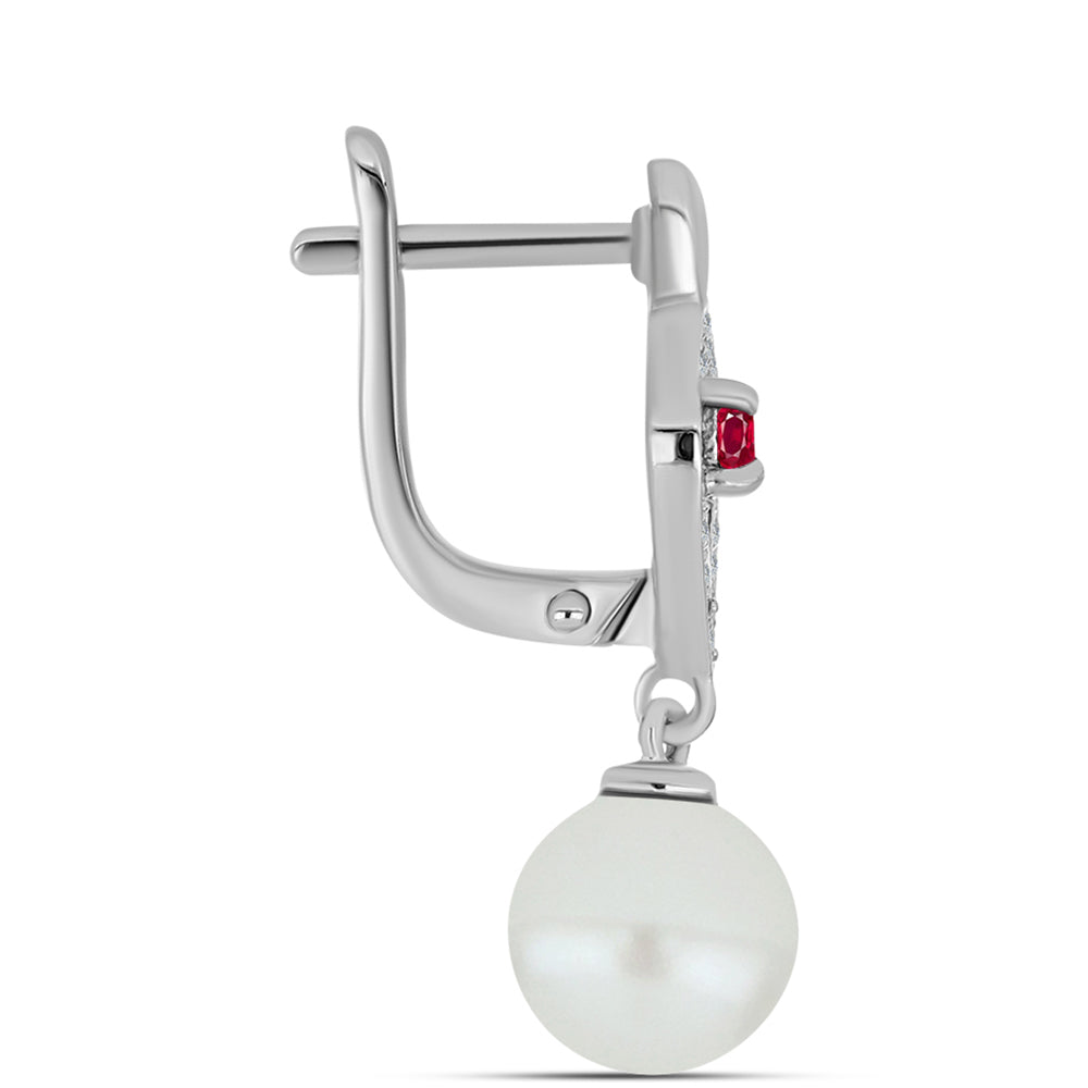 Stříbro 925/1000 Náušnice s Madagaskarským Rubínem a Bílou Sladkovodní Perlou - Karátové číslo: 7.36. přibližná hmotnost: 4.63 gramů