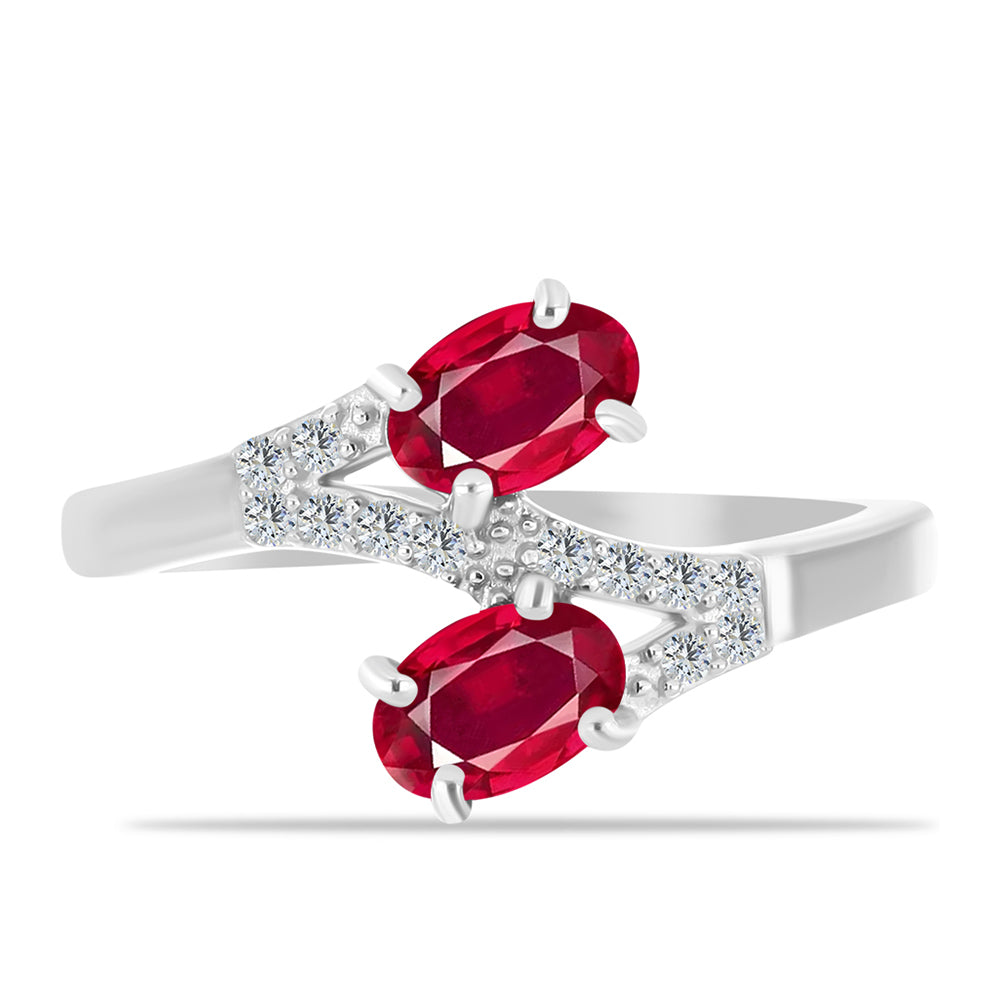 Stříbro 925/1000 Prsten s Madagaskarským Rubínem a Bílým Topazem - Karátové číslo: 1.41. přibližná hmotnost: 2.8 gramů
