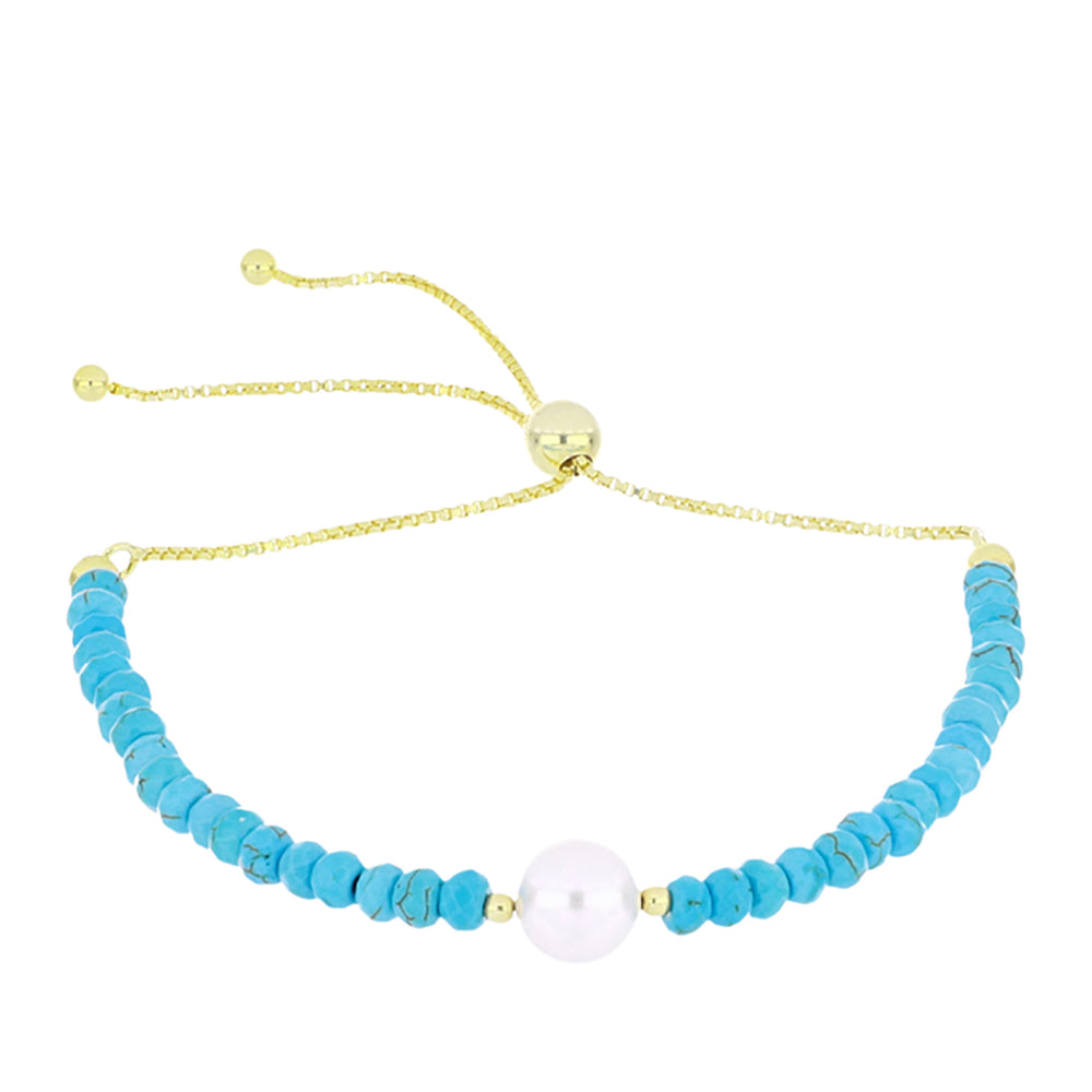 Pozlacené stříbro 925/1000 Náramek s Tyrkysem Sleeping Beauty a Bílou Sladkovodní Perlou - Karátové číslo: 14.25. přibližná hmotnost: 4.7 gramů