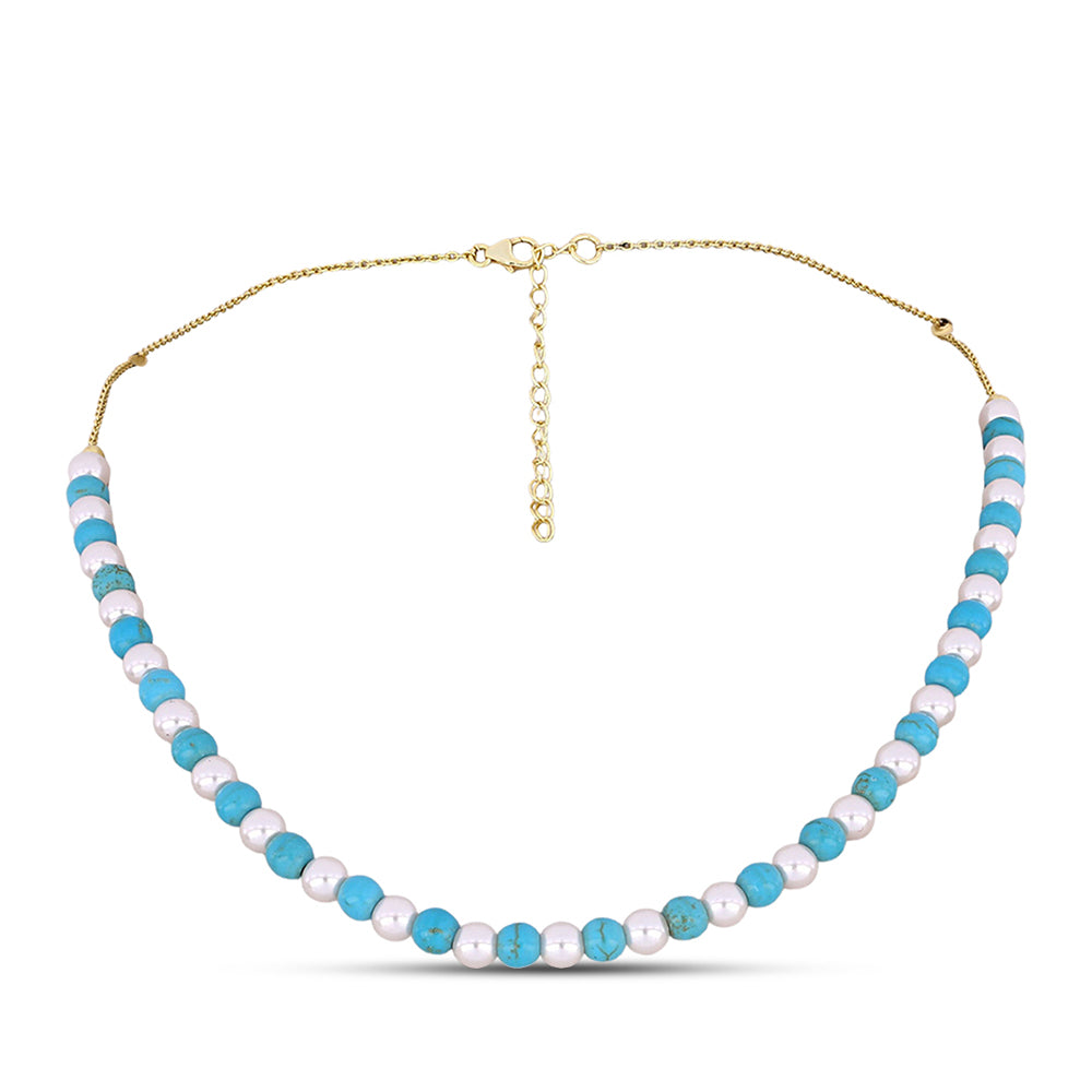 Pozlacené stříbro 925/1000 Náhrdelník s Tyrkysem Sleeping Beauty a Bílou Sladkovodní Perlou - Karátové číslo: 62. přibližná hmotnost: 14.35 gramů