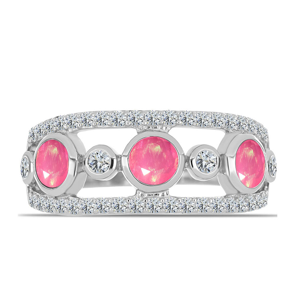 Stříbro 925/1000 Prsten s Růžovým Opálem z Lega Dembi a Bílým Topazem - Karátové číslo: 1.07. přibližná hmotnost: 3.78 gramů