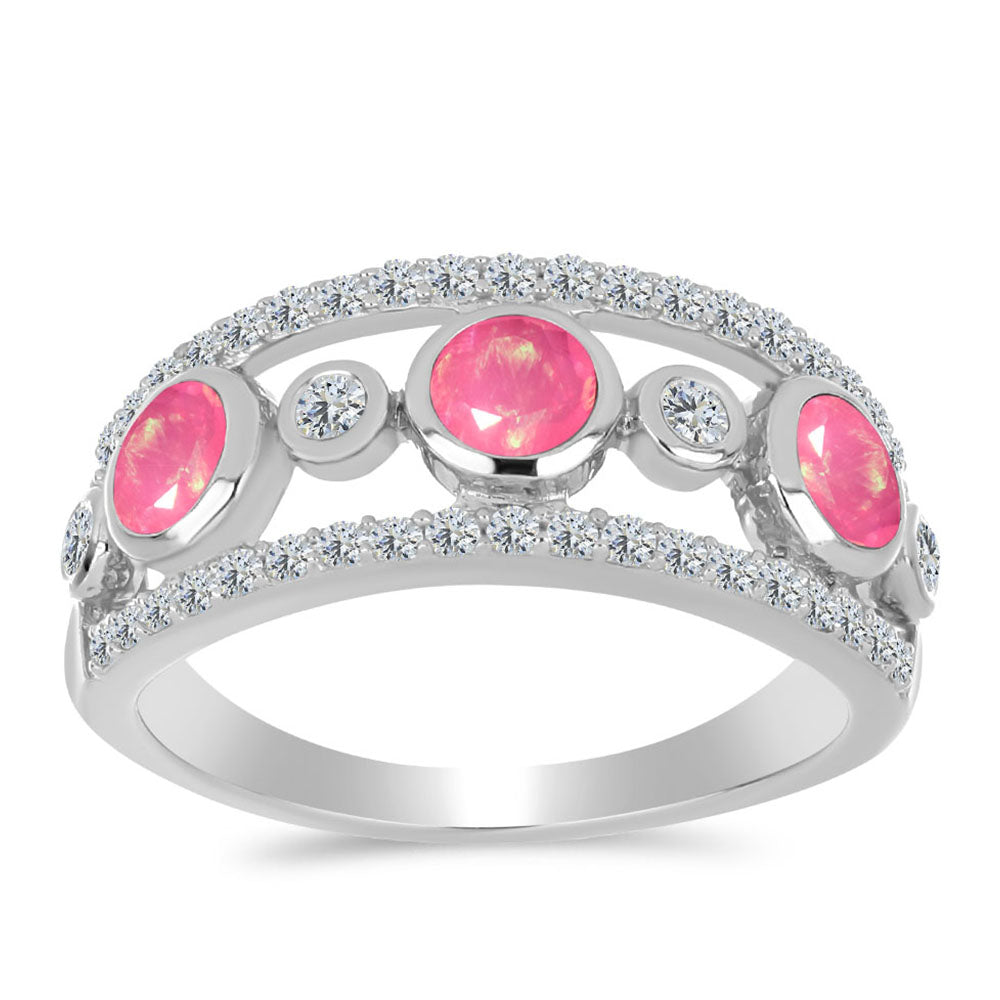 Stříbro 925/1000 Prsten s Růžovým Opálem z Lega Dembi a Bílým Topazem - Karátové číslo: 1.07. přibližná hmotnost: 3.78 gramů