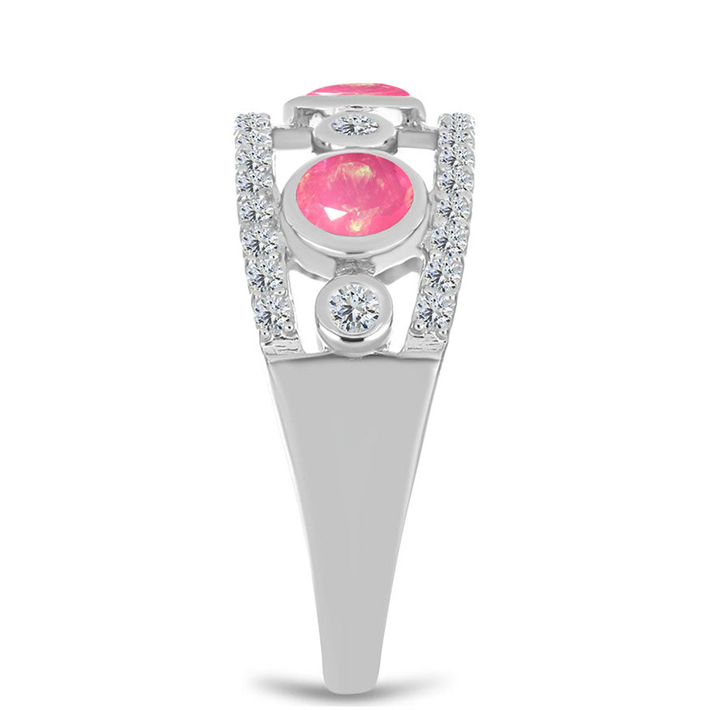 Stříbro 925/1000 Prsten s Růžovým Opálem z Lega Dembi a Bílým Topazem - Karátové číslo: 1.07. přibližná hmotnost: 3.78 gramů