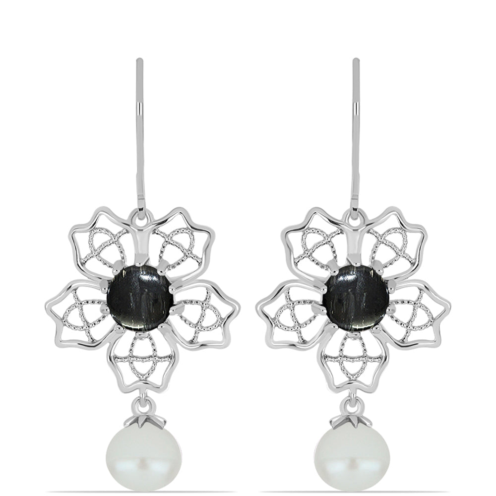 Stříbro 925/1000 Náušnice s Picasso Jaspisem a Bílou Sladkovodní Perlou - Karátové číslo: 10.04. přibližná hmotnost: 6.53 gramů