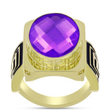 Pozlacené Stříbro 925/1000 - Prsten s Purpurovým Achátem - Karátové číslo: 8.76. přibližná hmotnost: 9.5 gramů