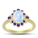 Pozlacené Stříbro 925/1000 - Prsten s Duhovým Měsíčním Kamenem a Marockým Ametystem - Karátové číslo: 1.98. přibližná hmotnost: 3.17 gramů