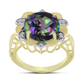 Pozlacené Stříbro 925/1000 - Prsten s Mystickým Zeleným Topazem a Bílým Topazem - Karátové číslo: 6.03. přibližná hmotnost: 5.35 gramů