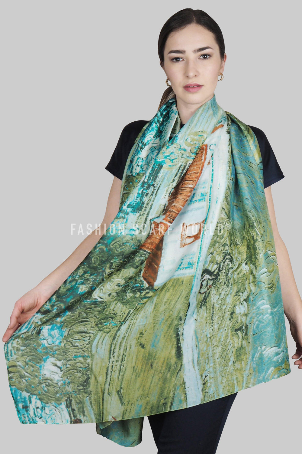 Šála-šátek ze 100% Pravého Hedvábí, 90 cm x 180 cm, Zelená - Multilady.cz