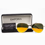 Emporia Italy - série Aviator "SLUNEČNÍ PAPRSKY", polarizované sluneční brýle s pevným pouzdrem a čisticím hadříkem, oranžové čočky, obroučky zlaté barvy