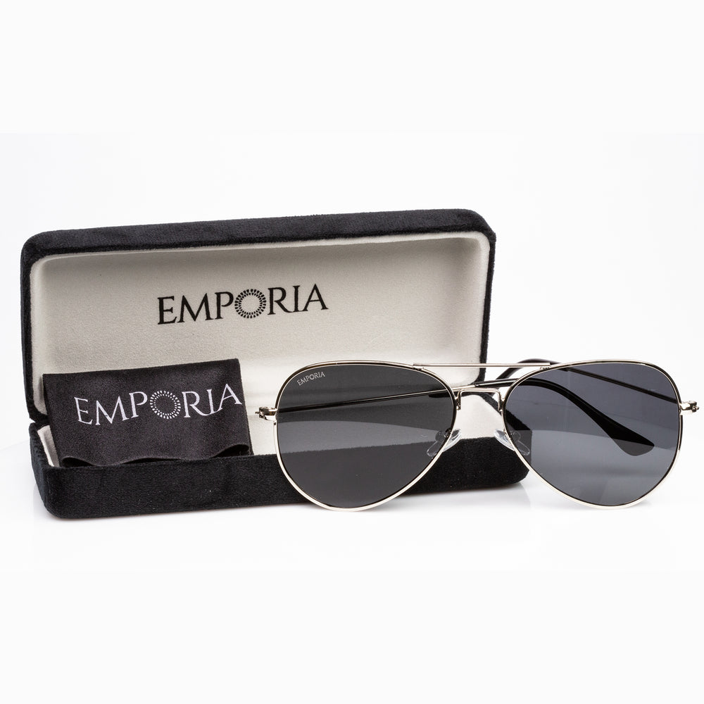Emporia Italy - série Aviator "ORIGINÁL", polarizované sluneční brýle s pevným pouzdrem a čisticím hadříkem, tmavě zelené čočky, obroučky zlaté barvy