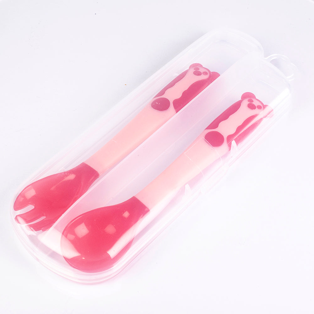 Sada dětské lžičky a vidličky s tepelným čidlem, ohýbatelná, bez BPA, barva: růžová