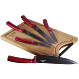 6 ks Sada nožů z nerezové oceli a bambusovým prkénkem, edice Metallic Line Burgundy