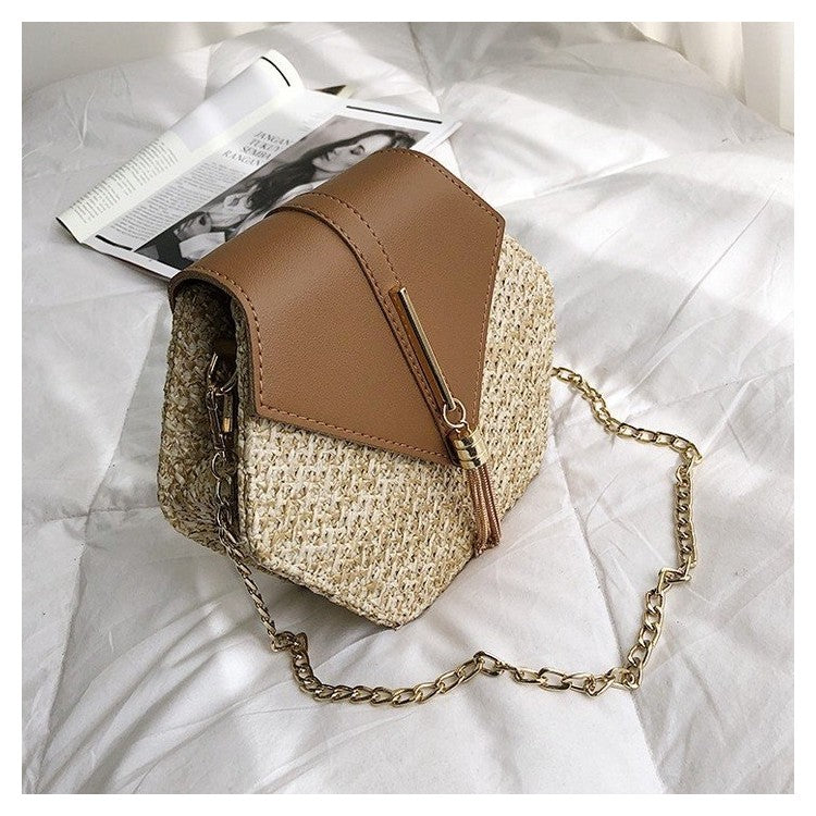 Krásná Pletená Taška s řetězem zlaté barvy, Hnědá
