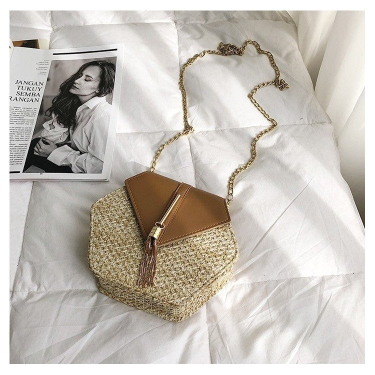 Krásná Pletená Taška s řetězem zlaté barvy, Hnědá