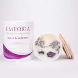 Emporia Organics Skleněná Svíčka: Maledivy - RELAX & MEDITATE, s Ametystem, s vůní anglické hrušky a frézie, 100% sójový vosk, 230 g