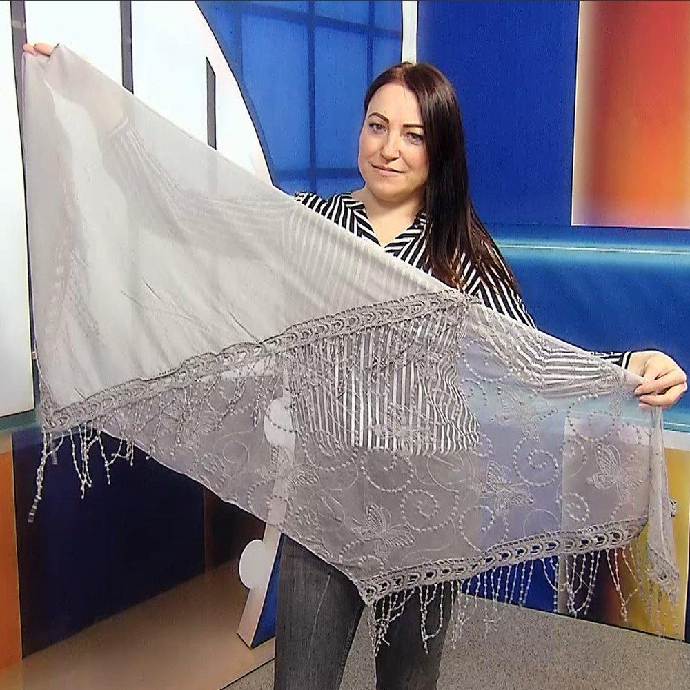 Bavlněná lichoběžníková Šála-šátek, 80 cm x 198 cm x 70 cm, Motýlí a krajkový vzor, Šedá - Multilady.cz