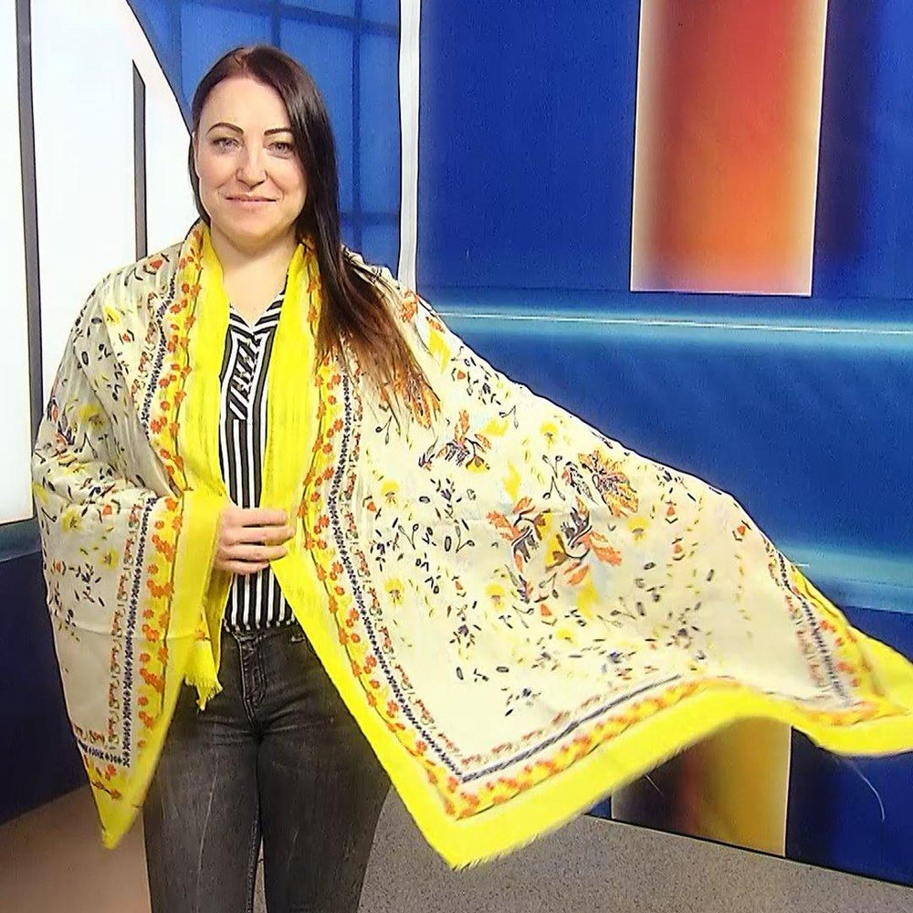 Šála-šátek, 90 cm x 180 cm, Světlý lidový květinový vzor, žlutá - Multilady.cz