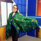 Hedvábná Šála-šátek, 90 cm x 180 cm, Paví pero, Zelená