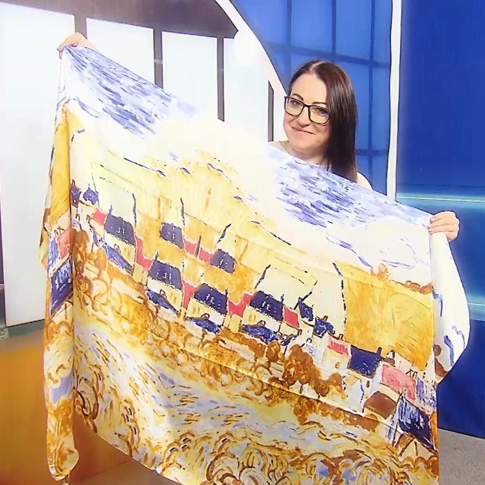 Šála-šátek ze 100% Pravého Hedvábí, 90 cm x 180 cm, Impresionistická vesnice