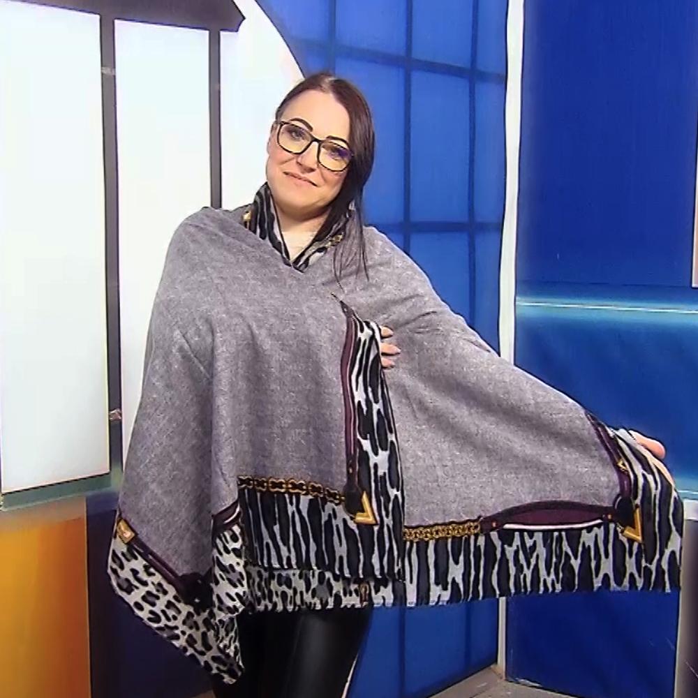 Vzorovaná Vlněná šála-šátek, 70 cm x 190 cm, Šedá