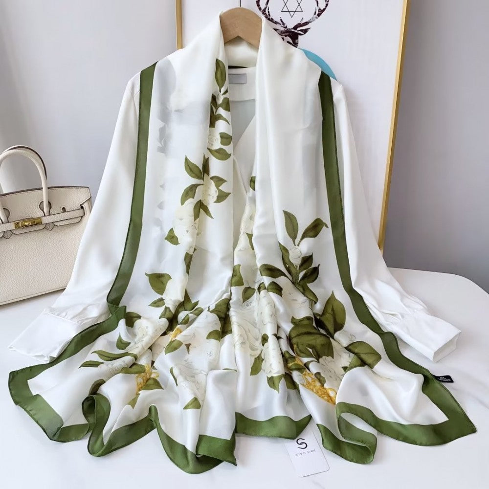 Hedvábný šátek, 90 cm x 180 cm, Květina opravdové lásky, zelená, 100% hedvábí