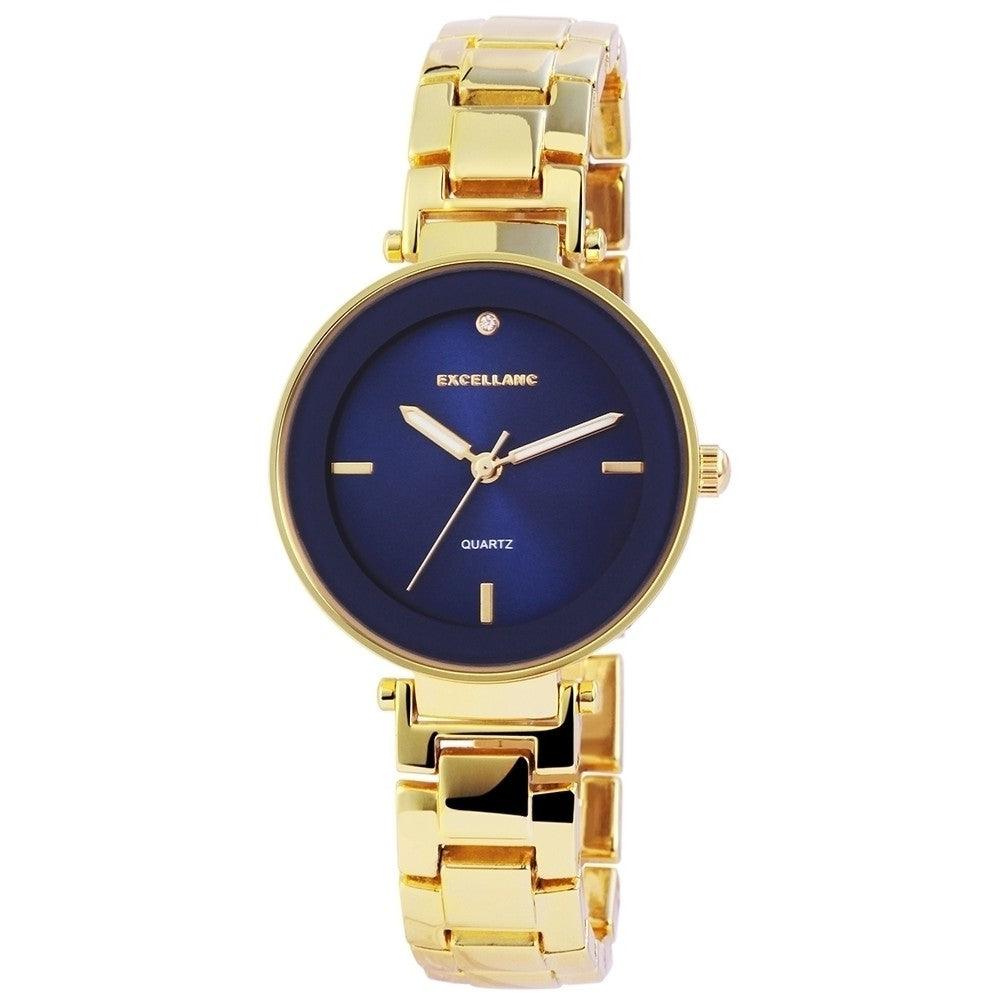 Dámské náramkové hodinky Excellanc s kovovým řemínkem, zlaté barvy, kvalitní quartzová konstrukce, modrý ciferník