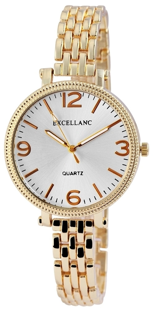 Dámské náramkové hodinky Excellanc s kovovým řemínkem, zlatá barva, kvalitní quartzová struktura, ciferník stříbrné barvy