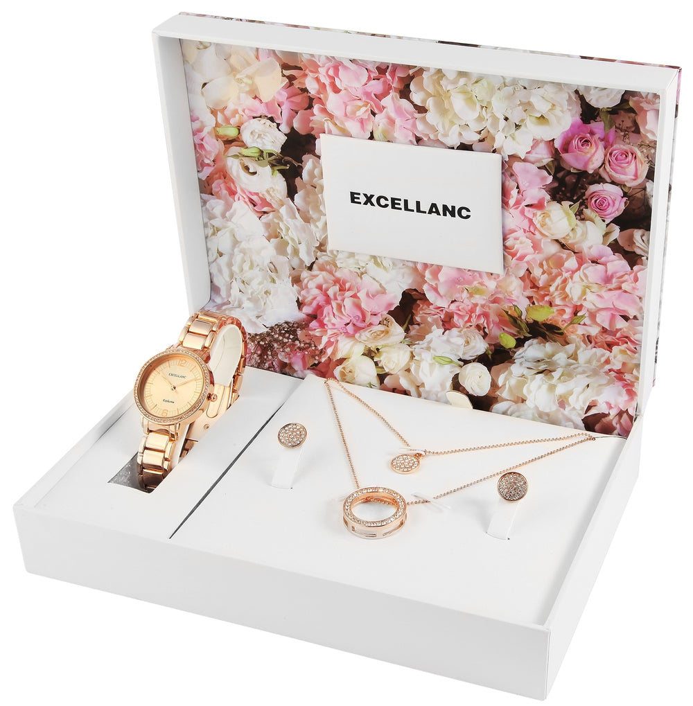 Excellanc dárkový set hodinek: dámské hodinky & náhrdelník + náušnice, tón růžového zlata EX0427, barva růžového zlata, vysoce kvalitní křemenný mechanismus, ciferník v barvě růžového zlata