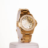 AW dámské hodinky ve zlaté barvě, s ciferníkem v leopardím vzoru a s krystaly křemenu - Multilady.cz