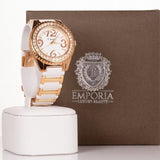 CUSSI dámské hodinky v barvě růžového zlata  s bílým řemínkem a krystaly křemene kolem ciferníku - Multilady.cz