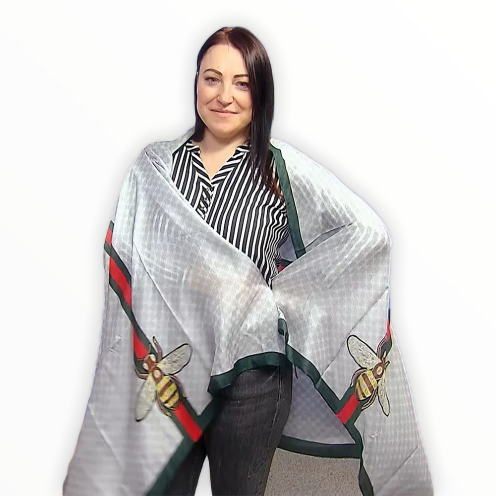 Hedvábná šála-šátek, 90 cm x 180 cm, Včelí vzor, Stříbrně šedá - Multilady.cz