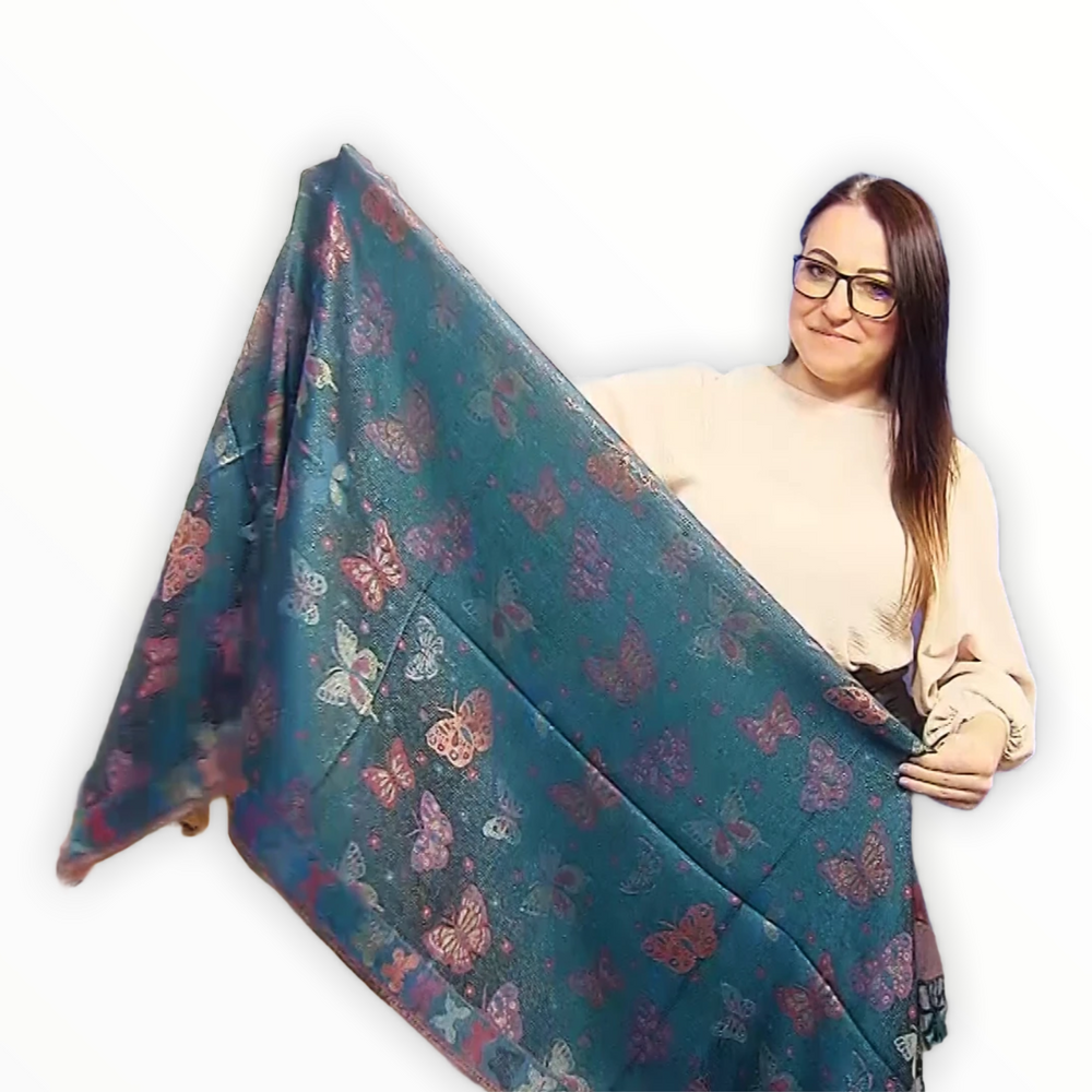 Šála-šátek ze 100% Pravého Pashmina Kašmíru, 70 cm x 170 cm, Zelenomodrá s motýlím vzorem