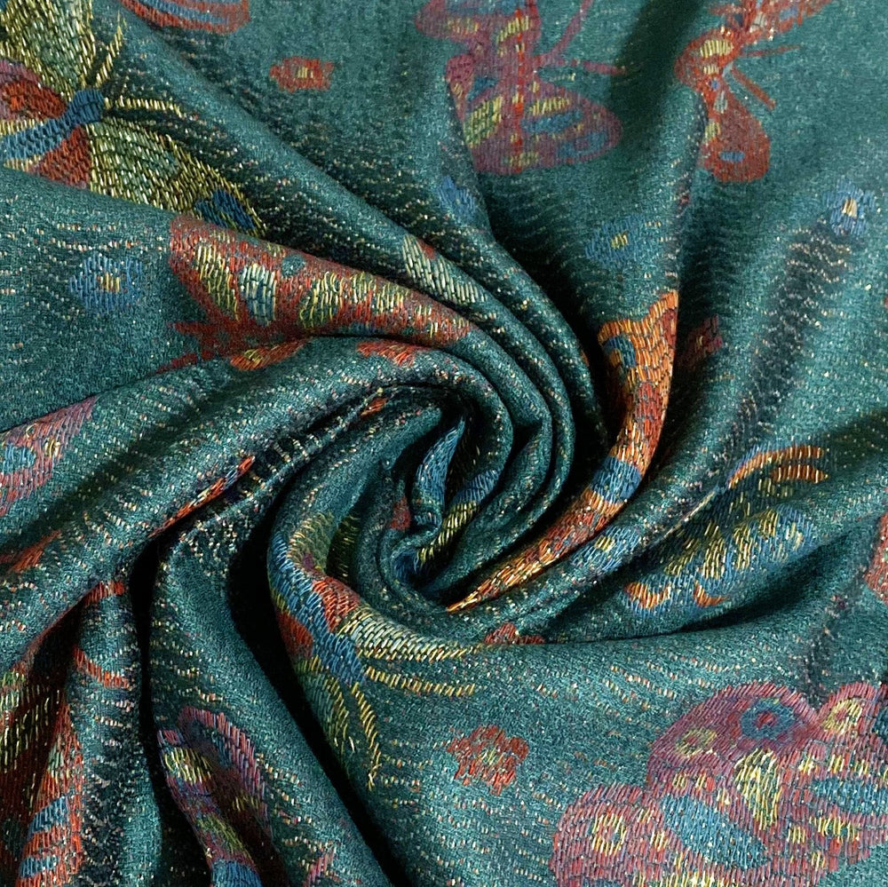 Šála-šátek ze 100% Pravého Pashmina Kašmíru, 70 cm x 170 cm, Zelenomodrá s motýlím vzorem