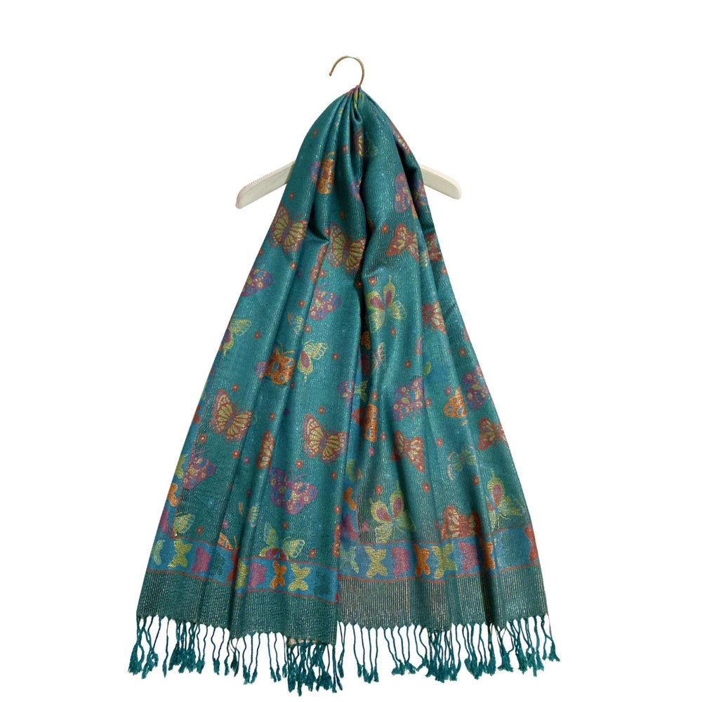 Šála-šátek ze 100% Pravého Pashmina Kašmíru, 70 cm x 170 cm, Zelenomodrá s motýlím vzorem