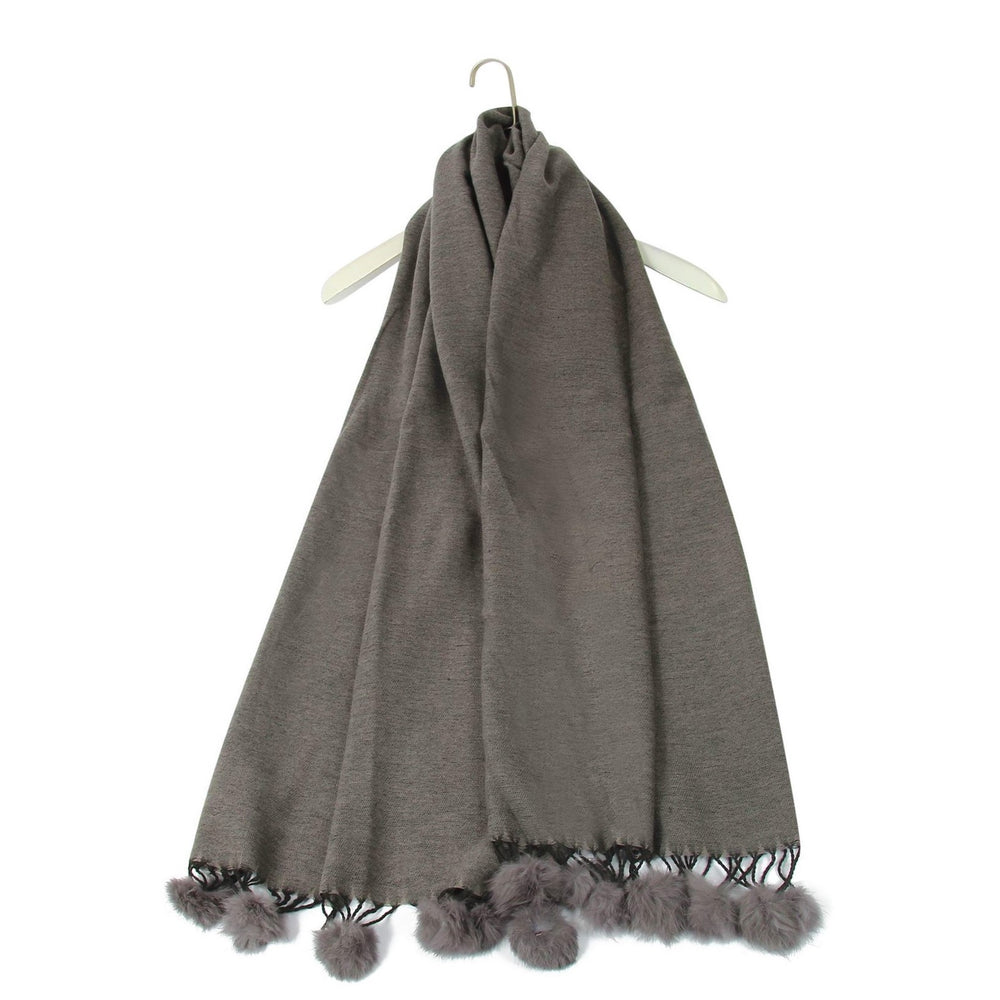 Šála-šátek s Pravou Pom Pom Kožešinou, 60 cm x 170 cm, Šedá