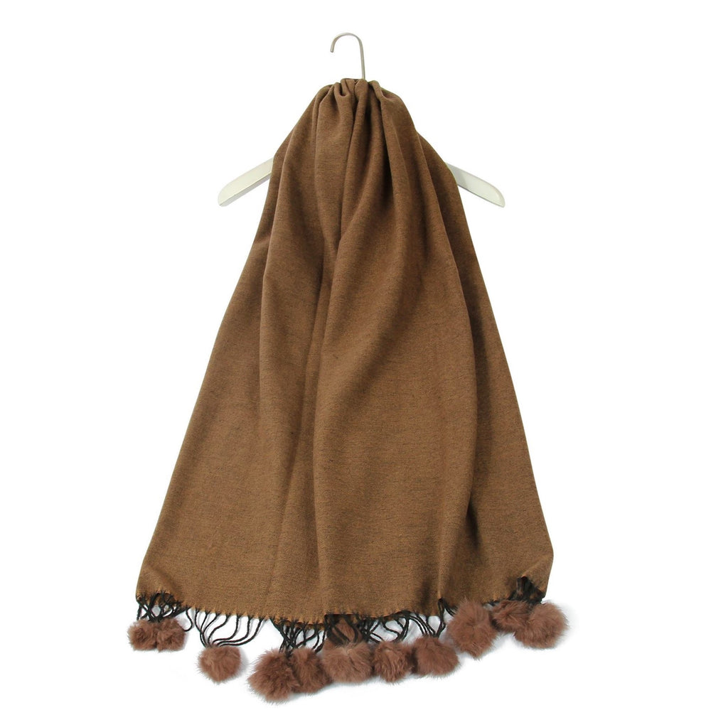 Šála-šátek s Pravou Pom Pom Kožešinou, 60 cm x 170 cm, Hnědá