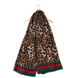 Zimní Šála-šátek 90 cm x 180 cm, Leopardí vzor se zelenými a červenými okraji
