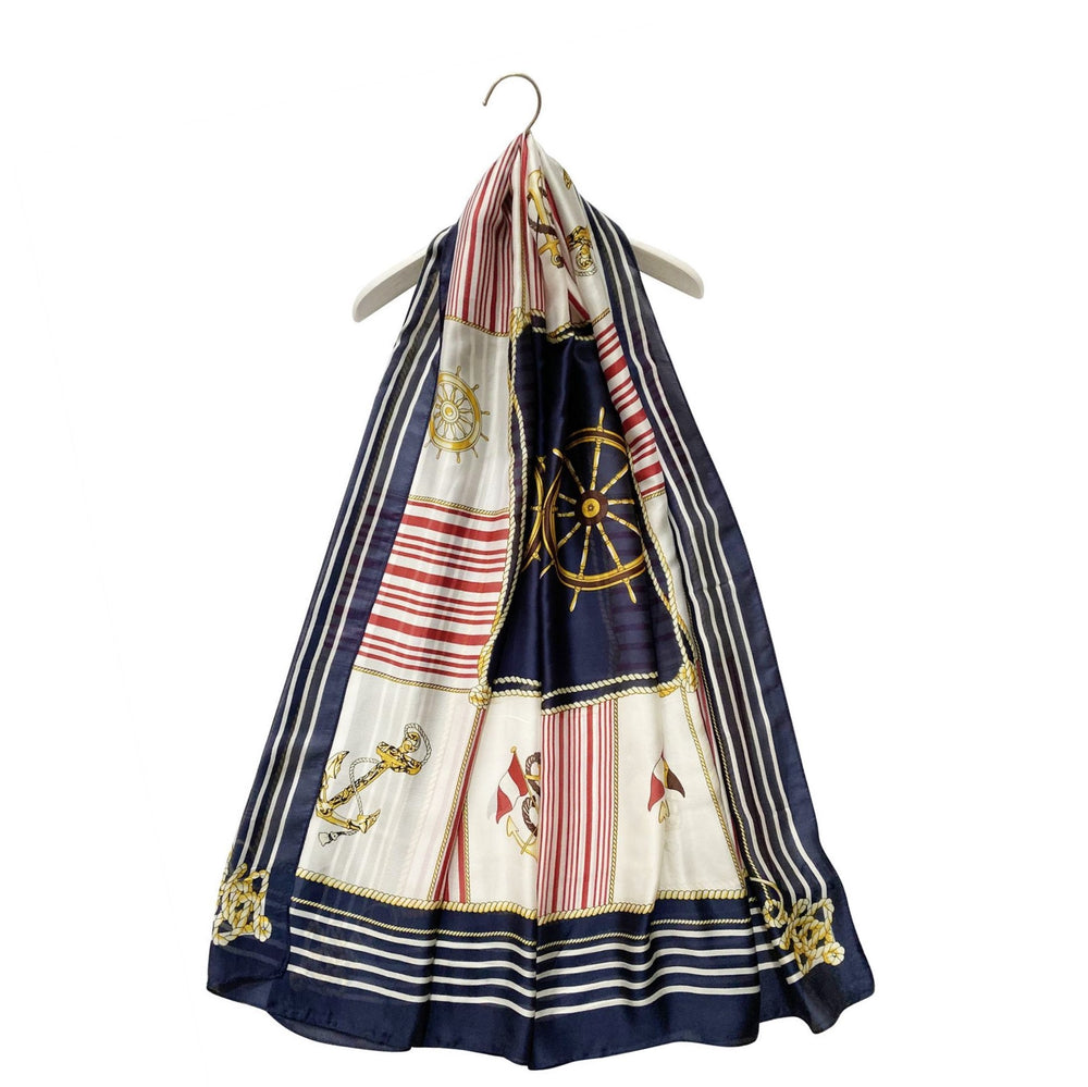 Hedvábná Šála-šátek, 90 cm x 180 cm, Vzor - kormidlo a kotva