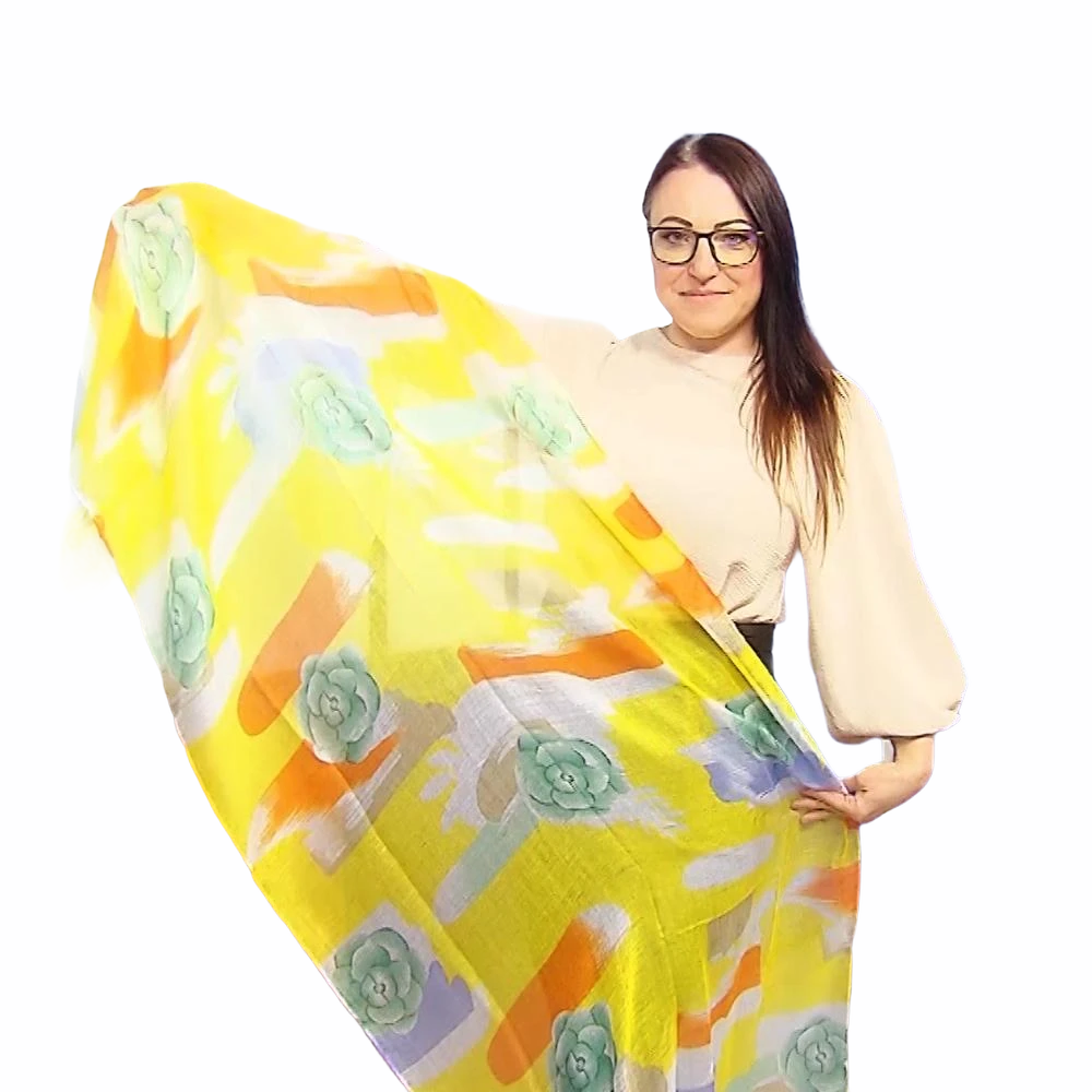 Šála-šátek s květinovým vzorem, žlutá, 80 cm x 180 cm