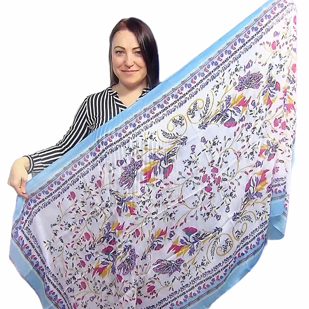 Šála-šátek, 90 cm x 180 cm, Světlý lidový květinový vzor, modrá - Multilady.cz