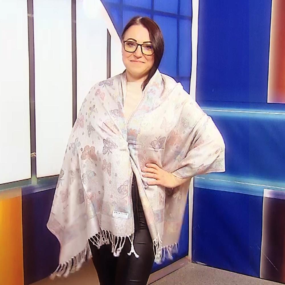 Šála-šátek ze 100% Pravého Pashmina Kašmíru, 70 cm x 170 cm, Lesklá bílá s motýlím vzorem