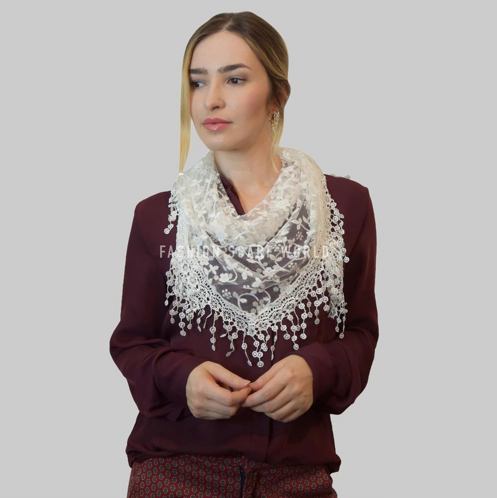 Trojúhelníková Šála-šátek s Třpytivým květinovým vzorem, 45 cm x 45 cm x 170 cm, Bílá - Multilady.cz